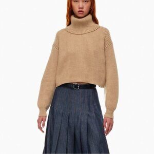Babaton Aritzia 100% Cashmere Turtleneck Sweater XS Beige Camel Ribbed Fold Over